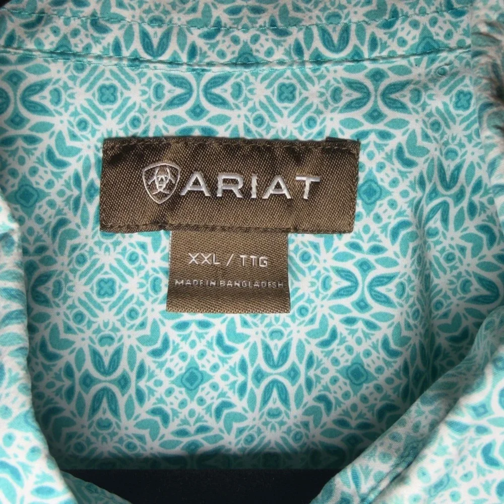 Ariat Mens XXL Turquoise White Geometric Medallion Cotton Short Sleeve Shirt - Picture 4 of 10